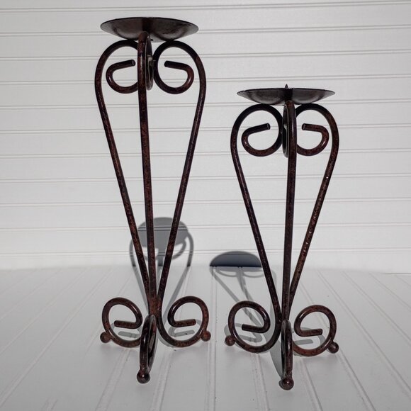 Pair of Wrought Iron Candle Holders Bronze Scroll French Country Candlesticks - Picture 9 of 16